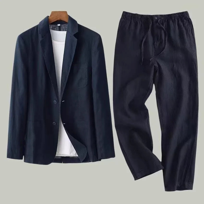 Spring Summer Men Suit Fashion Men Cotton Linen Two-piece Set Blazer Jacket + Pants Casual Business Thin Clothing Breathable