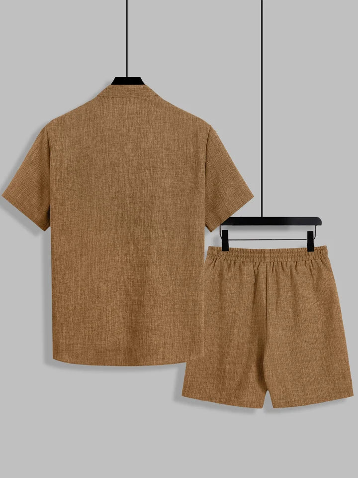 Summer Men's Cotton Linen Texture Stand Collar Short Sleeve Shirt & Shorts Casual Set, Loose Breathable Two-Piece Outfit