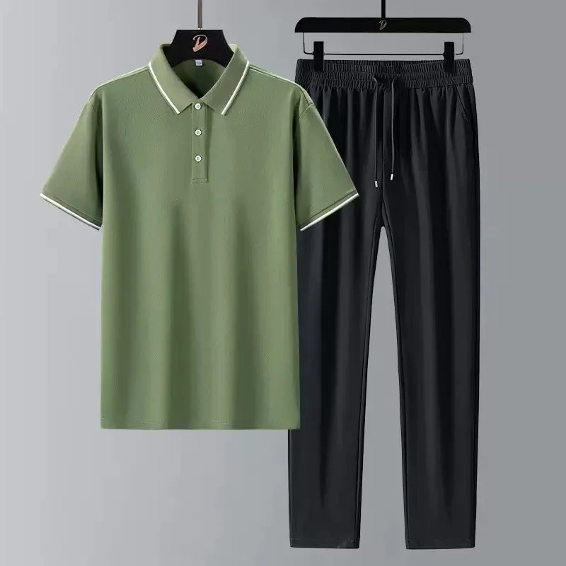 New Summer Fashion Trendy Comfortable Breathable Short Sleeve Polo Shirt Set Men's Casual Loose Sports Plus Size Two-Piece Set