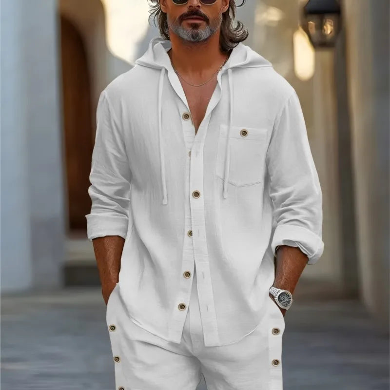 2025 Hawaii Men's Cotton Linen Casual Suit Summer New Men's Hooded Solid color Casual Long sleeved Shirt and Shorts 2-Piece Set
