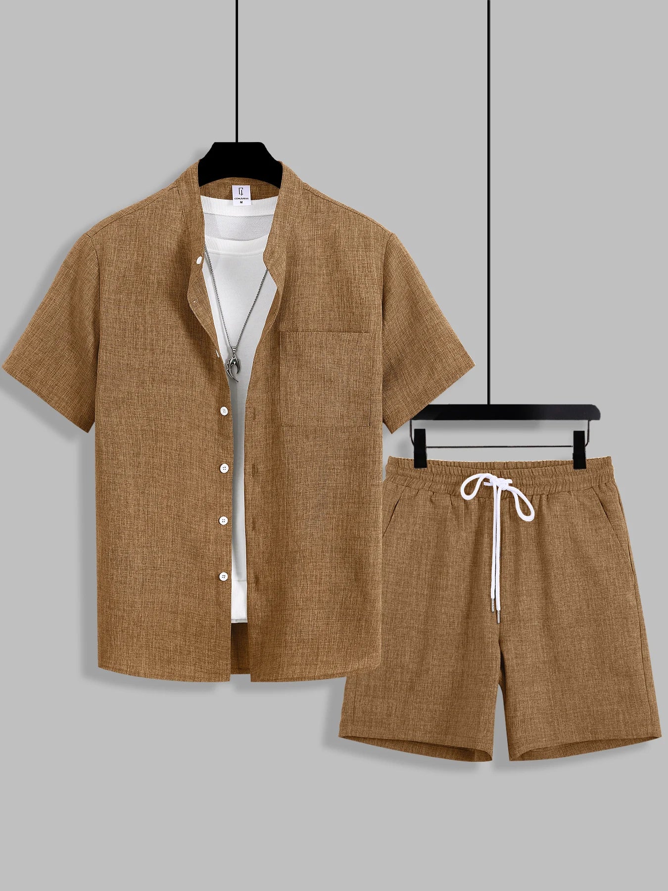 Summer Men's Cotton Linen Texture Stand Collar Short Sleeve Shirt & Shorts Casual Set, Loose Breathable Two-Piece Outfit