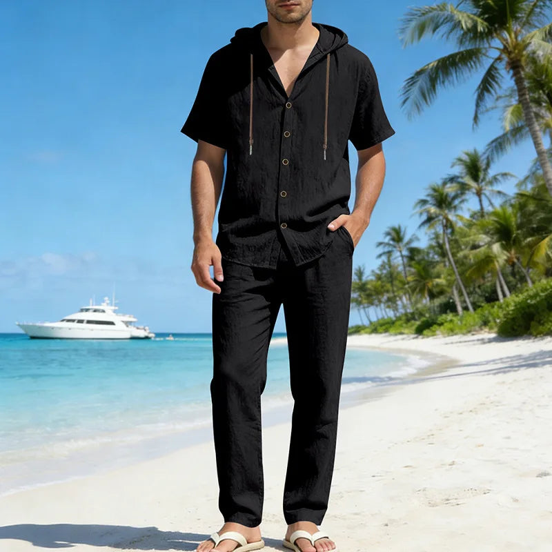 American Summer Men's Linen Casual Set Short-Sleeved Shirt And Long Pants 2-Piece Comfortable Loose Fit for Men