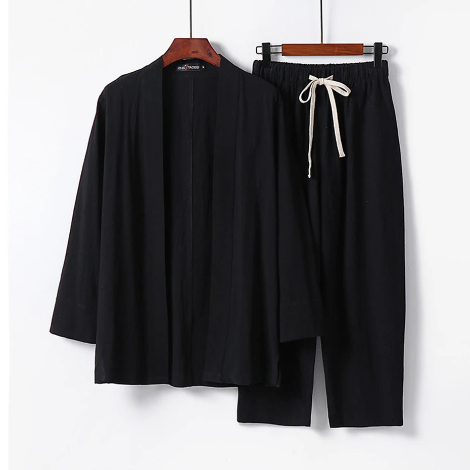 9XL Plus Size Shirts Pants Sets Japan Style Cotton Linen Kimono Suits Man Big Size Summer Shirts and Pants Sets 8XL 7XL