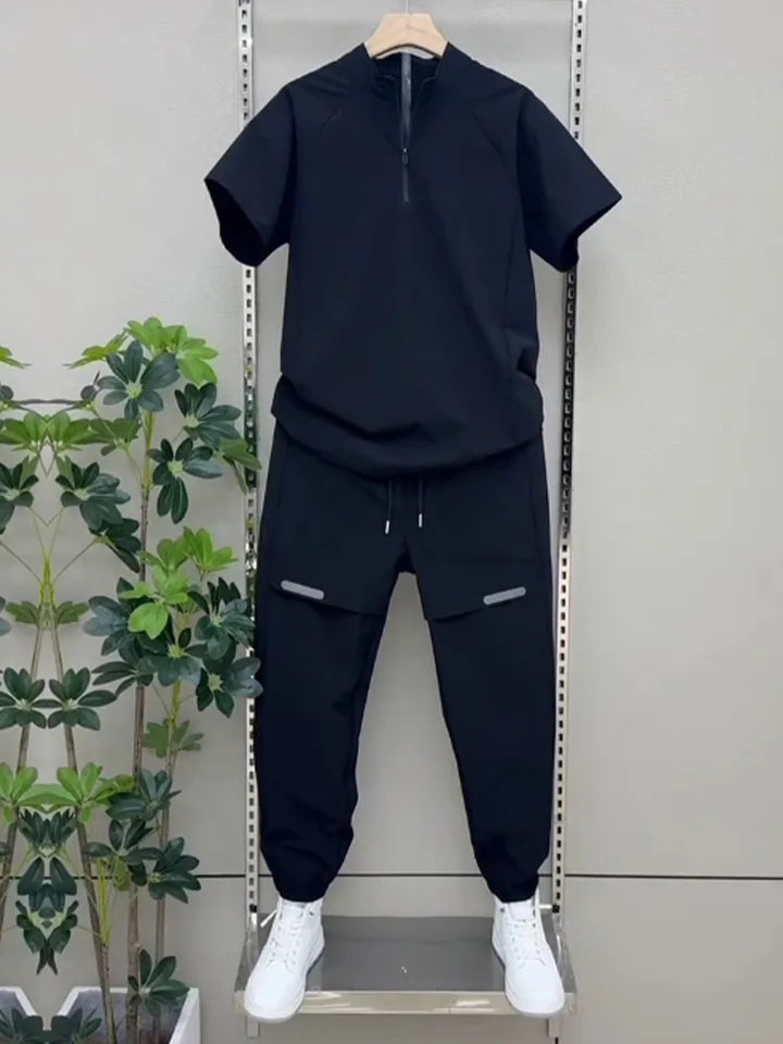 2025 Summer Breathable ice Silk Casual Sportswear Set, fashionable zipper quick-drying casual long pants and short-sleeved 2pcs
