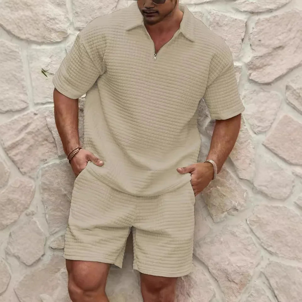 2025 Summer Men's Set New Fashionable Style Simple Waffle Color Solid Color Collar Polo Shirt Short Sleeve Shorts Sports Set