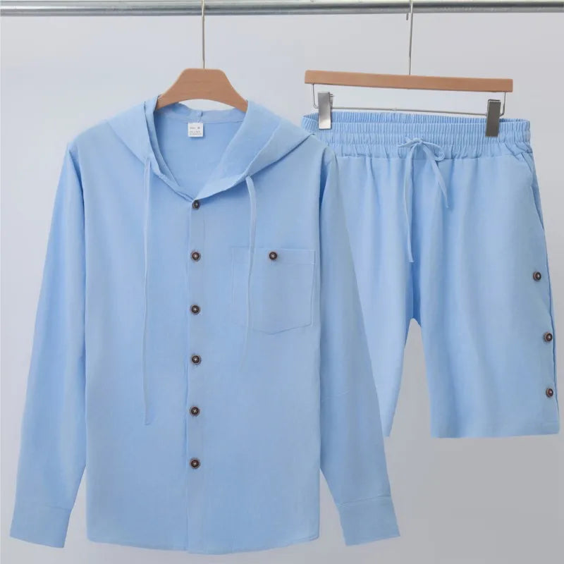 2025 Hawaii Men's Cotton Linen Casual Suit Summer New Men's Hooded Solid color Casual Long sleeved Shirt and Shorts 2-Piece Set