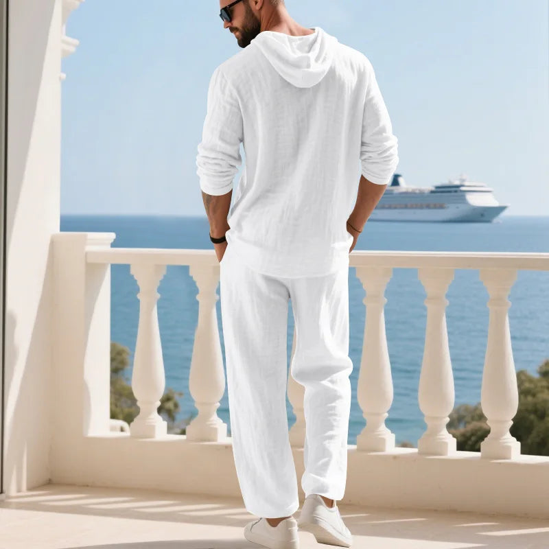Man's 2pcs Set, 8 colors Linen European and American new summer men's fashion pure color casual Long-sleeved Shirt & Pants suit