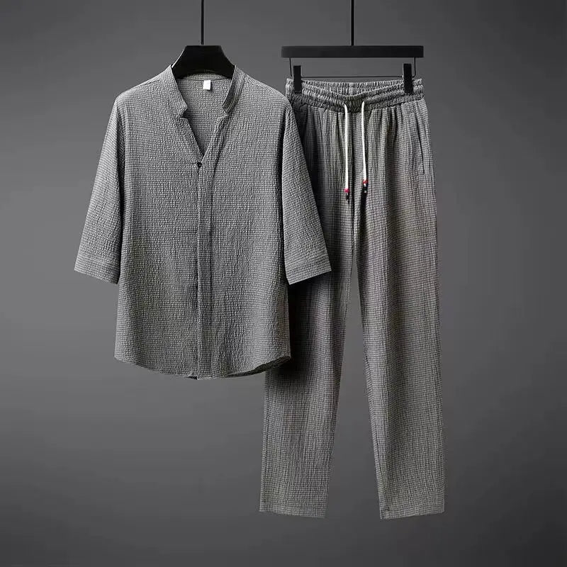 Chinese style Shirts + Pants summer 100% Cotton linen Sportswear Men's Casual Sets spring Male Fashion Chinese style trousers