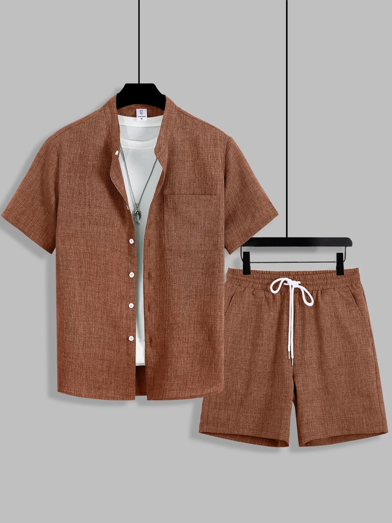 Summer Men's Cotton Linen Texture Stand Collar Short Sleeve Shirt & Shorts Casual Set, Loose Breathable Two-Piece Outfit