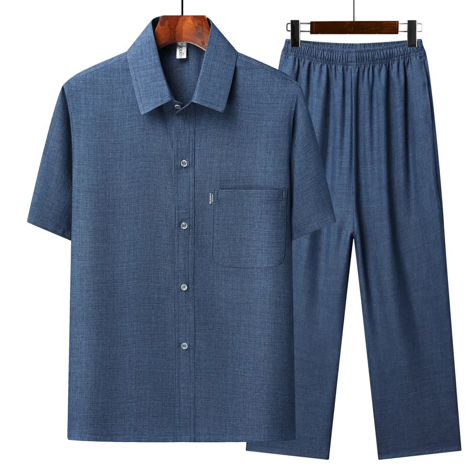 Tang Suit Summer Men's Chinese Style Solid color Short-Sleeved Suit Casual Fashion Cotton Linen Shirt + Pants 2-piece Set
