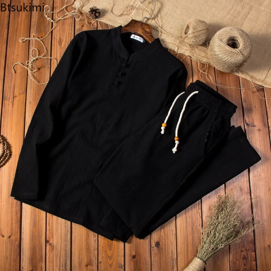 New Men's Chinese Traditional Clothing Breathable Cotton Linen 2PCS Sets Loose Casual Suit Men Tai Chi Kung Fu Costume Tang Suit