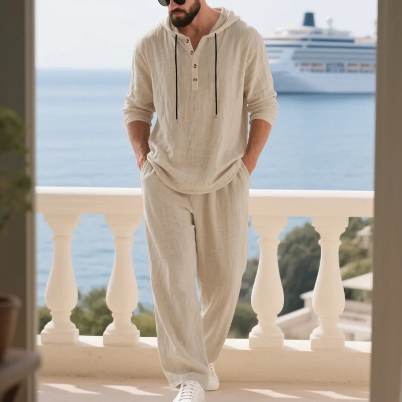 Spring Summer Linen Men's Casual Suit Loose Hooded Henley Long Sleeve Long Pants Set Solid Color Fashion Casual