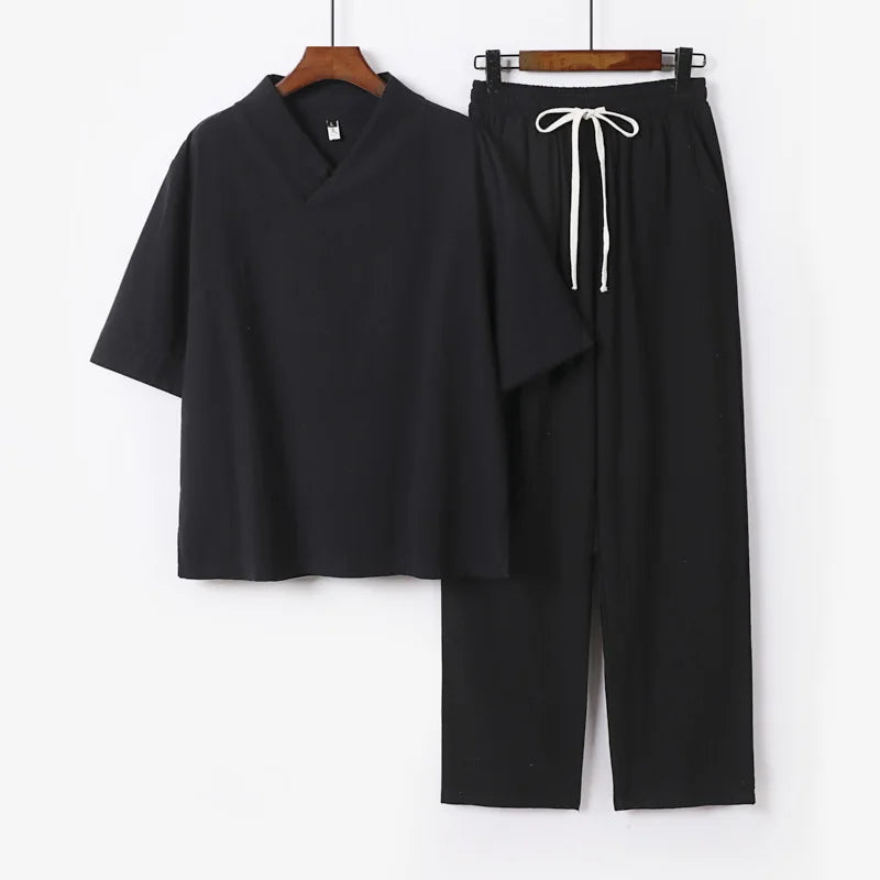 Linen Sets Men Sprint Summer T-shirt Pants Suits Casual Solid Color Suits Male Plus Size 9XL Chinese Traditional Style Sets