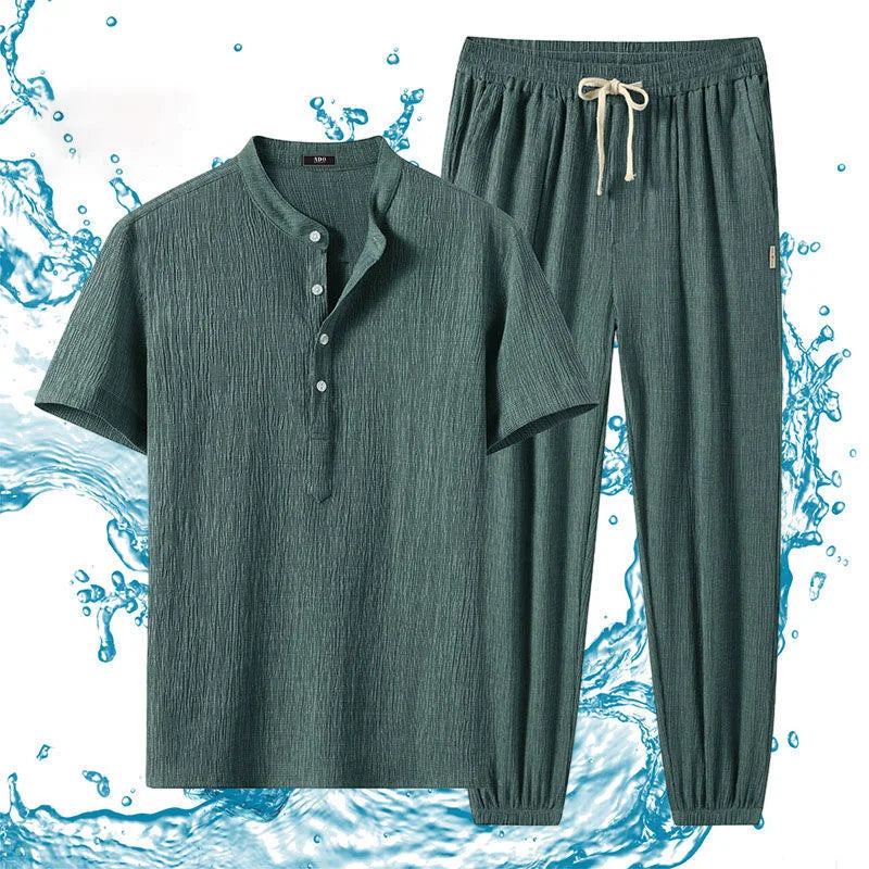 Summer Solid Color Ice Silk Sports Breathable Short Sleeve T-shirt Set Men's Casual Loose Large Size High-Grade Two-Piece Set