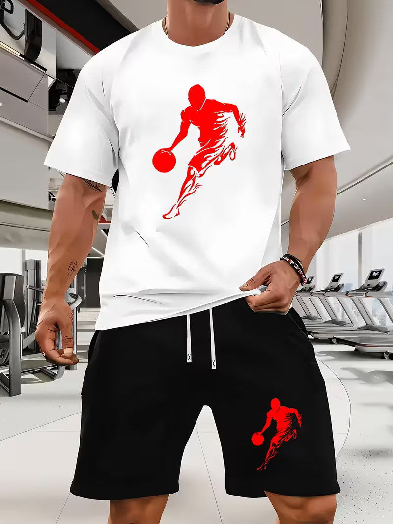 Men's Casual Athletes Playing Ball Crew Neck Short-Sleeved Shirt And Shorts Two-Piece Set