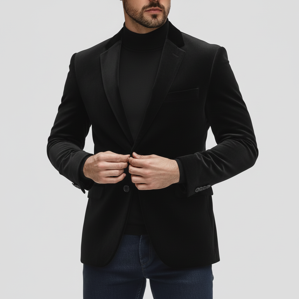 Men's Evening Blue Notch Lapel One Button Long Sleeve Velvet Blazer