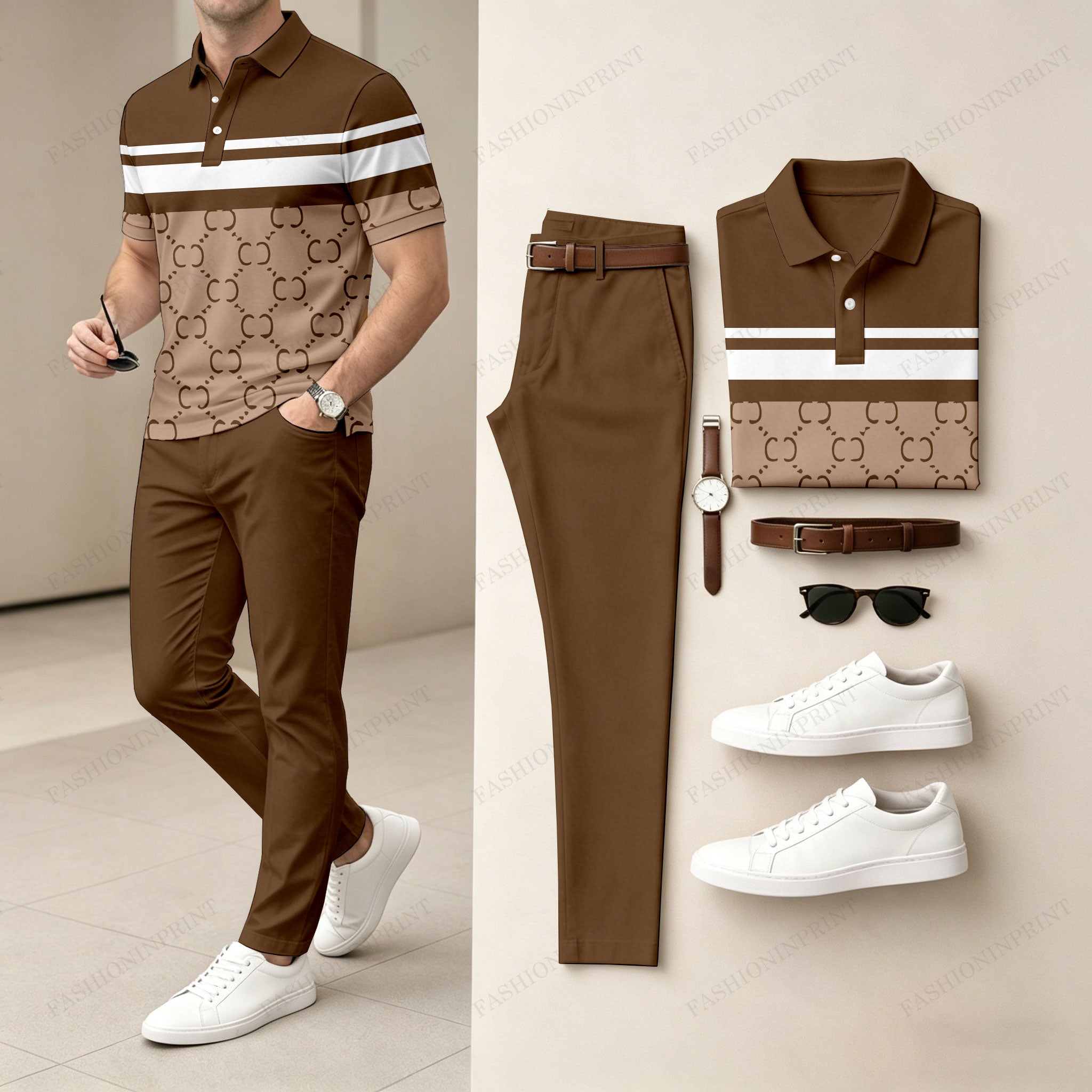 Men's Casual Brown Plaid Printed Polo Shirt And Pants Two-Piece Set