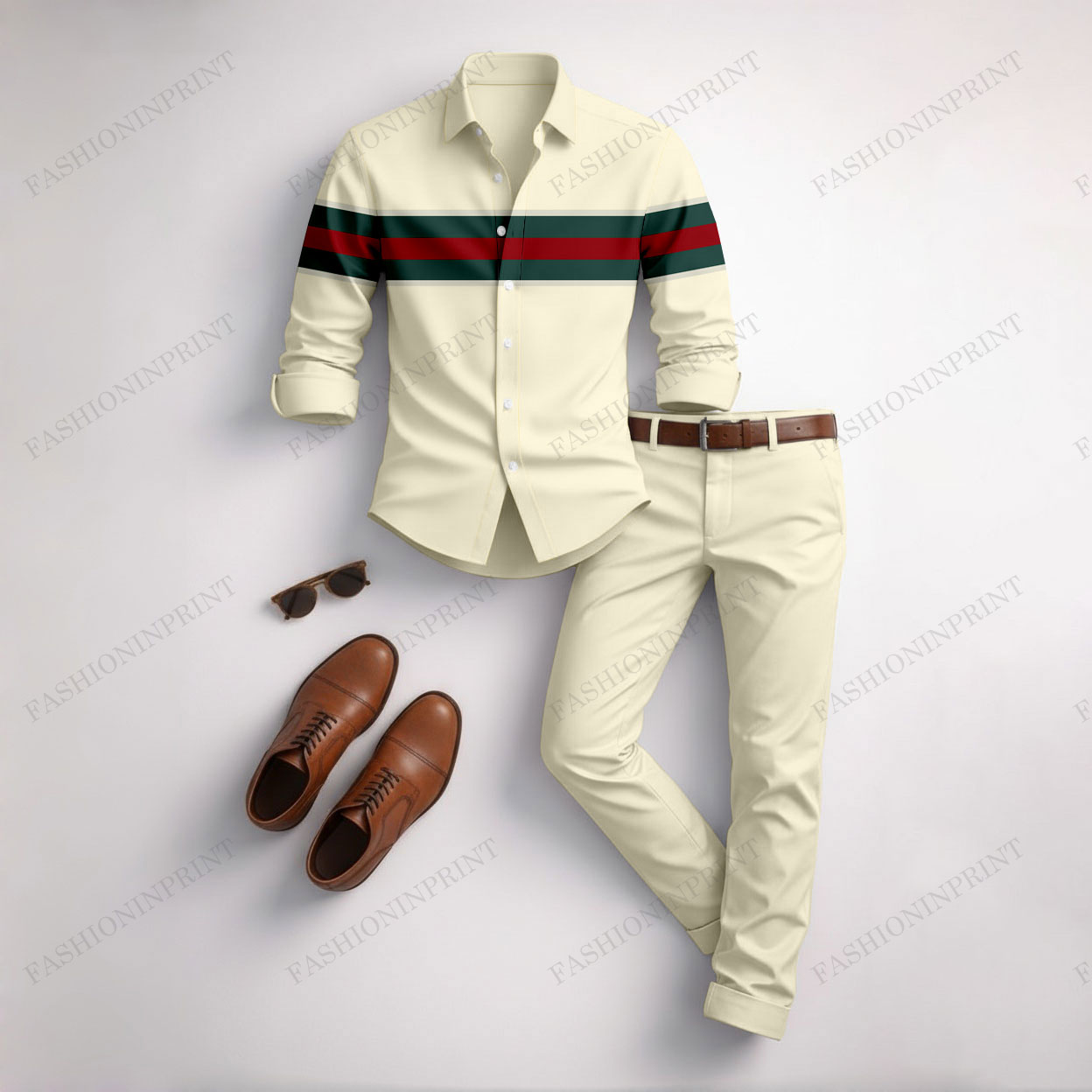 Men's Casual Apricot & Red Color Matching Striped Printed Long Sleeved Shirt & Trousers Two-Piece Set