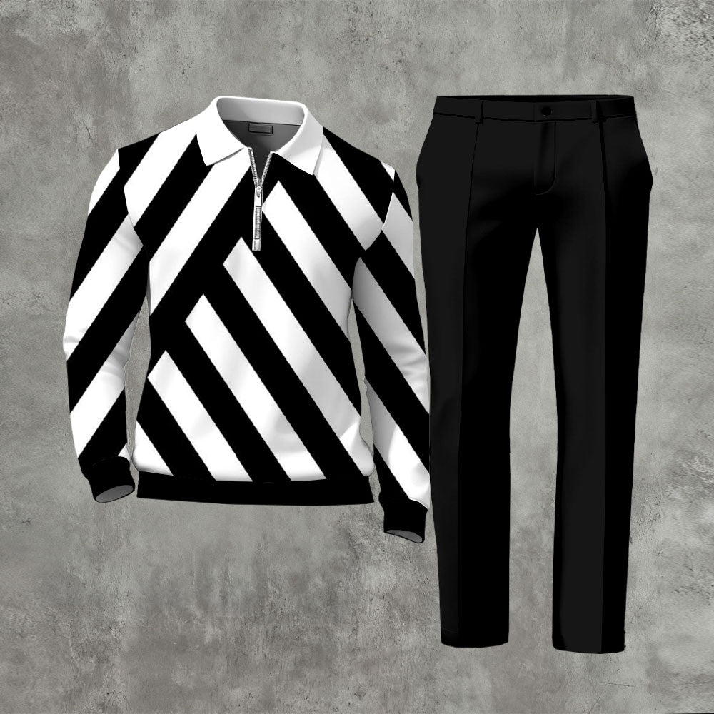 Men's casual black and white striped print zip-up long-sleeved polo shirt and black trousers two-piece set 1203