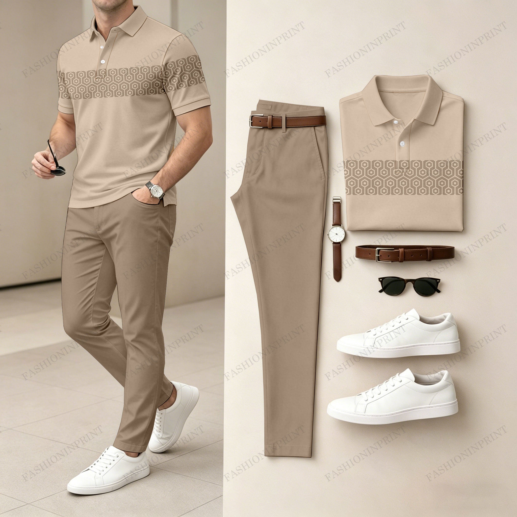 Men's Casual Printed Polo Shirt And Pants Two-Piece Set