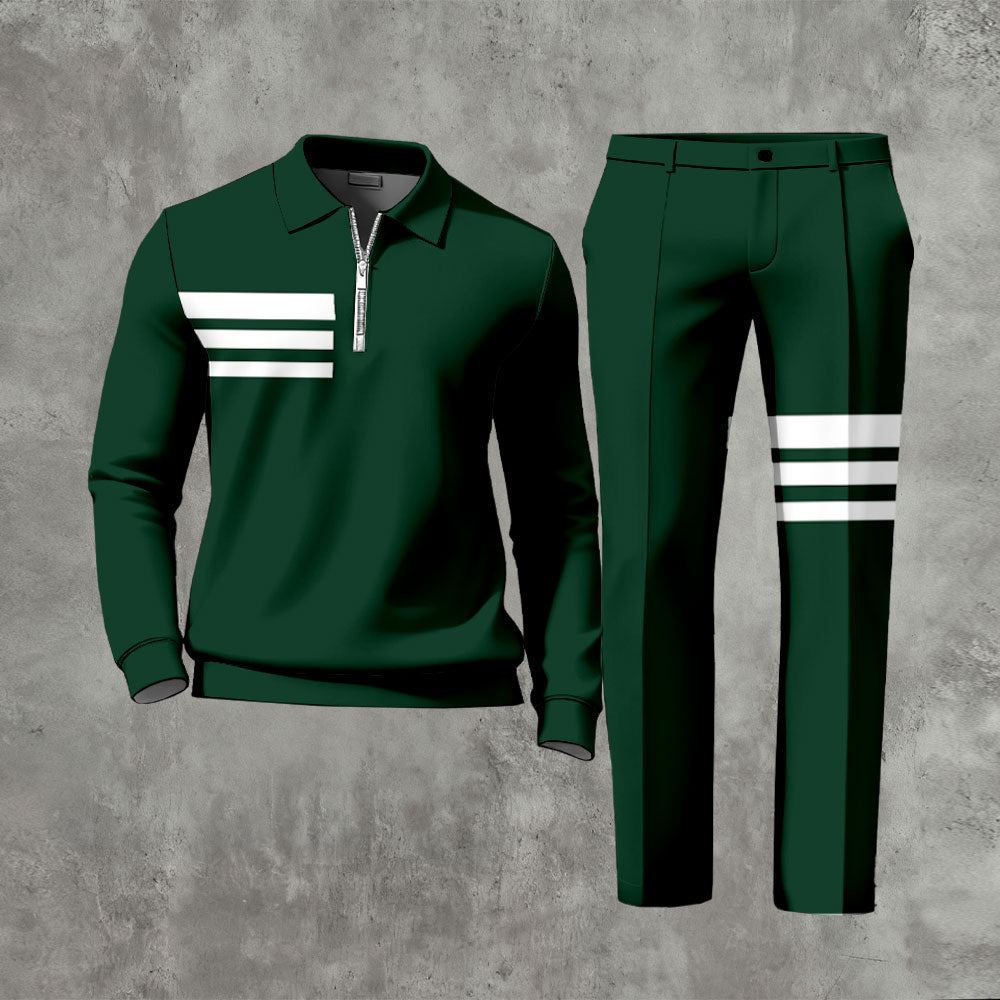 Men's Casual Black & White Color Matching Geometric Printed Polo-Collar Zipper Long Sleeved Trousers Two-Piece Set