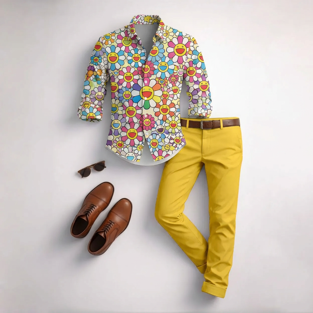 Men's Casual Colorful Printed Long-Sleeved Shirt And Trousers Two-Piece Set
