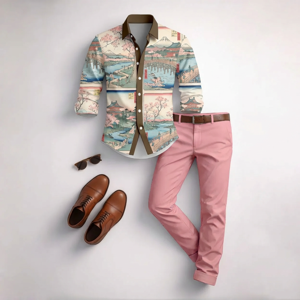 Men's Casual Pink Landscape Print Long-Sleeved Shirt And Trousers Two-Piece Set