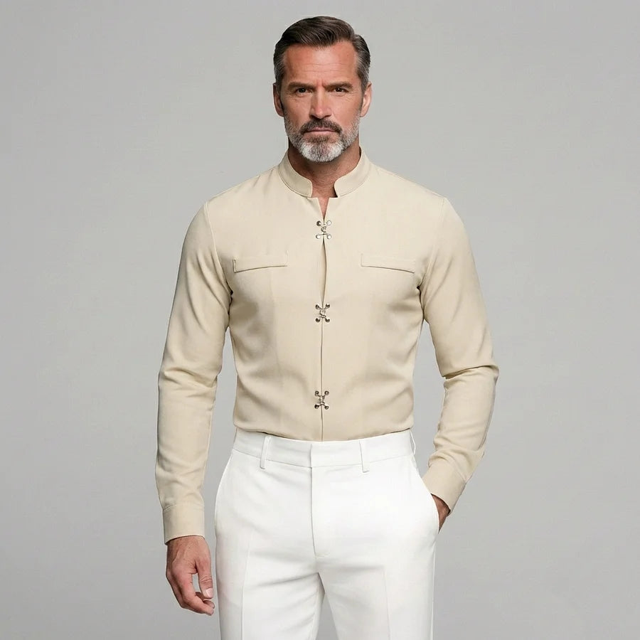 Men's Solid Stand Collar Metal Button Long Sleeve Shirts