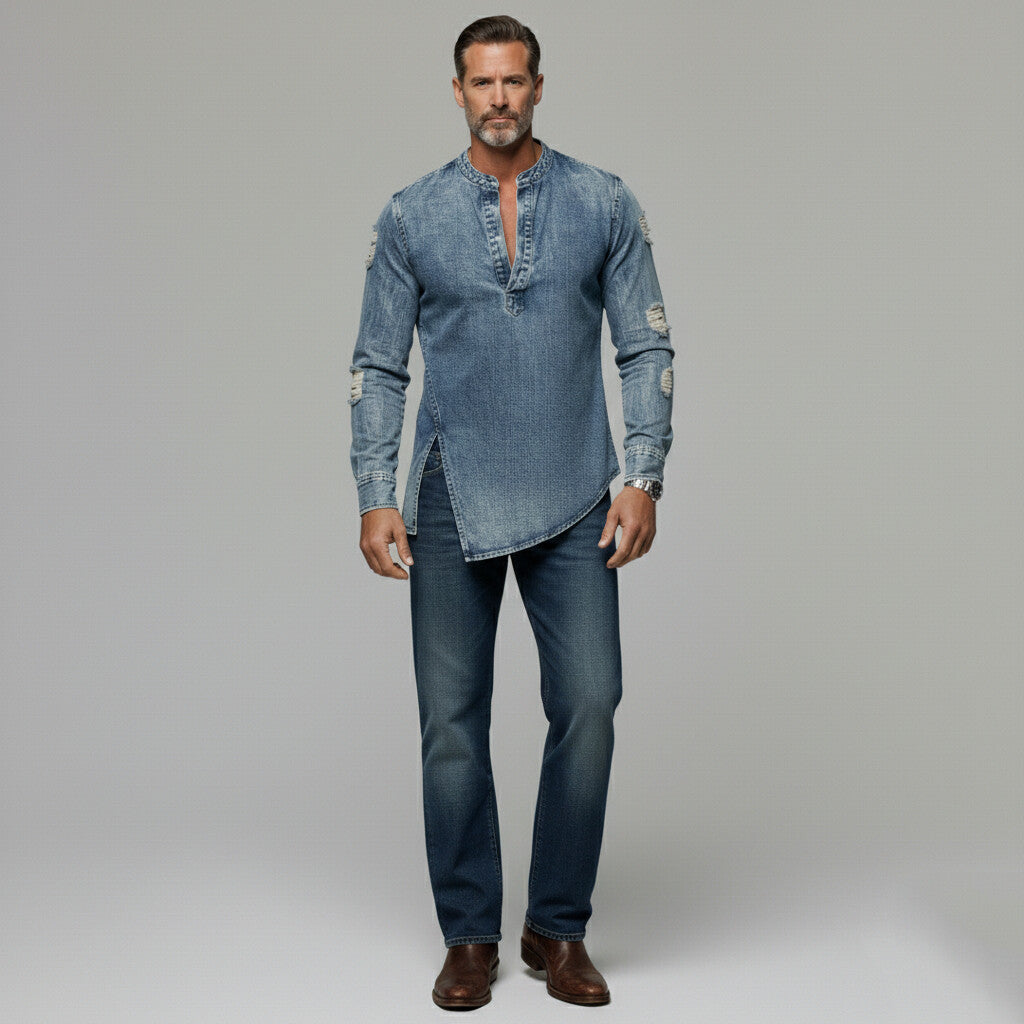 Men's Denim Blue Ripped Notch Neck Slit Asymmetrical Hem Long Sleeve Shirt