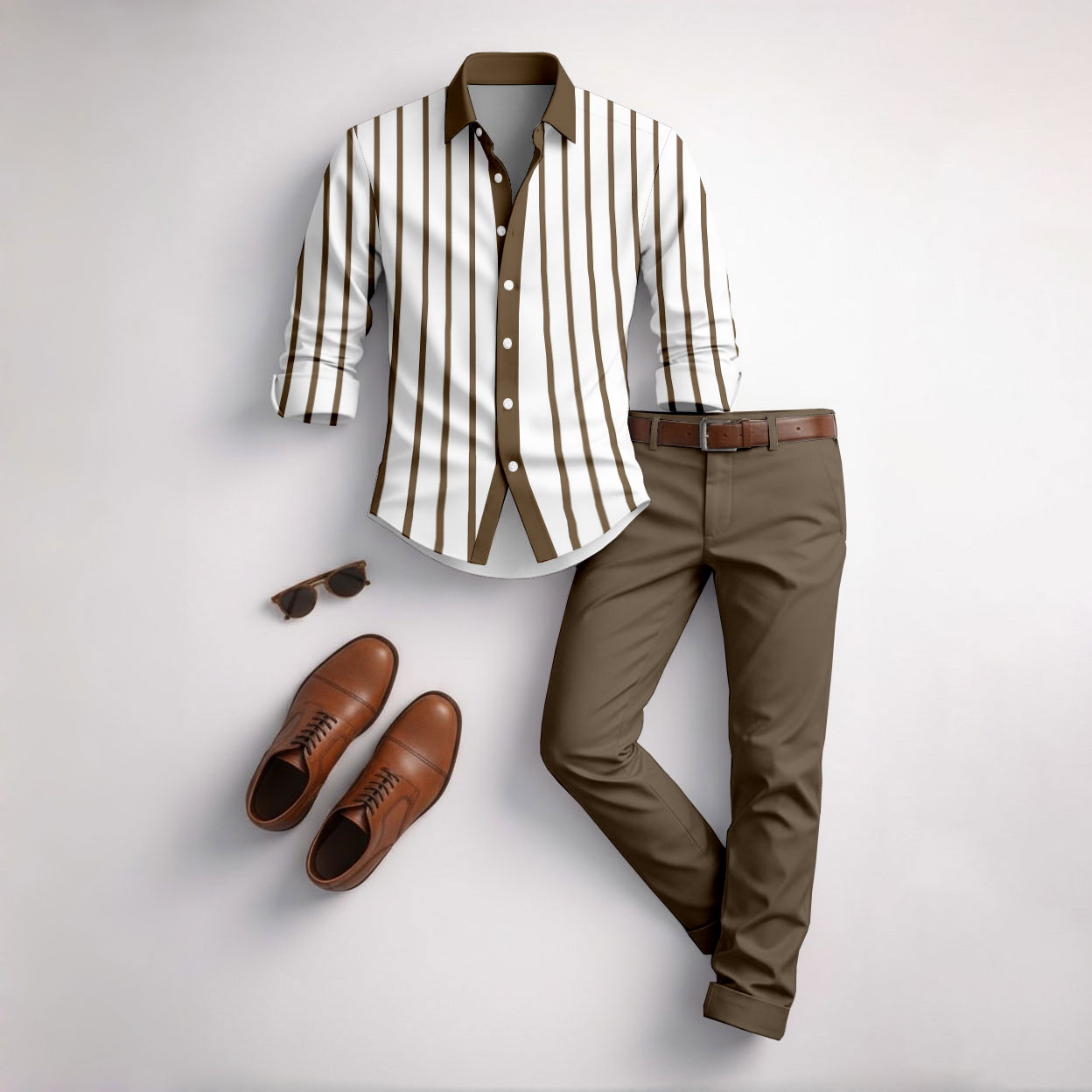 Men's Casual Brown & White Color Matching Striped Printed Long Sleeved Shirt & Trousers Two-Piece Set