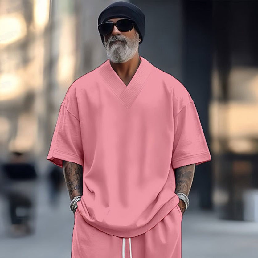Men's Styles Casual Solid Color V-Neck Short-Sleeved Two-Piece Set