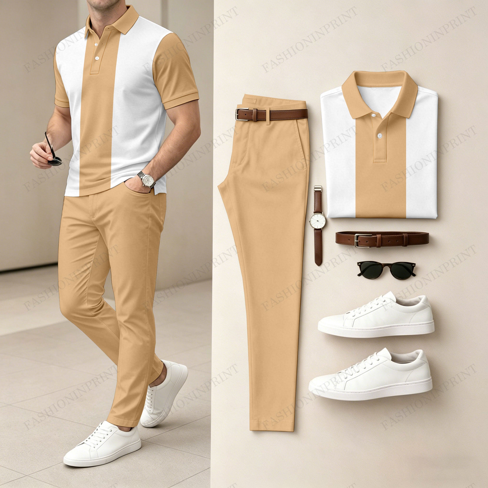 Men's Casual Apricot Printed Polo Shirt And Pants Two-Piece Set