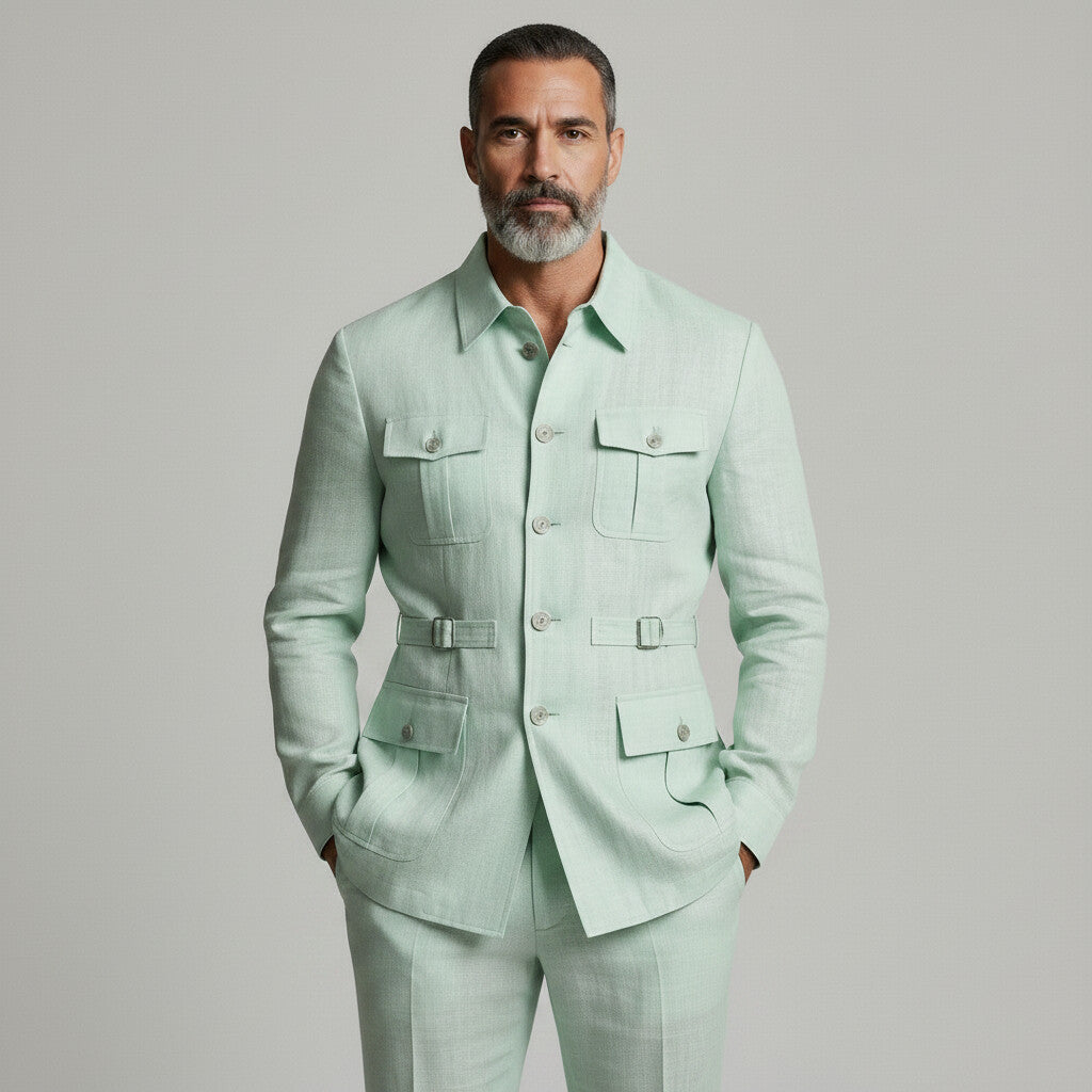 Men's Mint Green Multi-Pocket Turndown Collar Single Breasted Safari Jacket