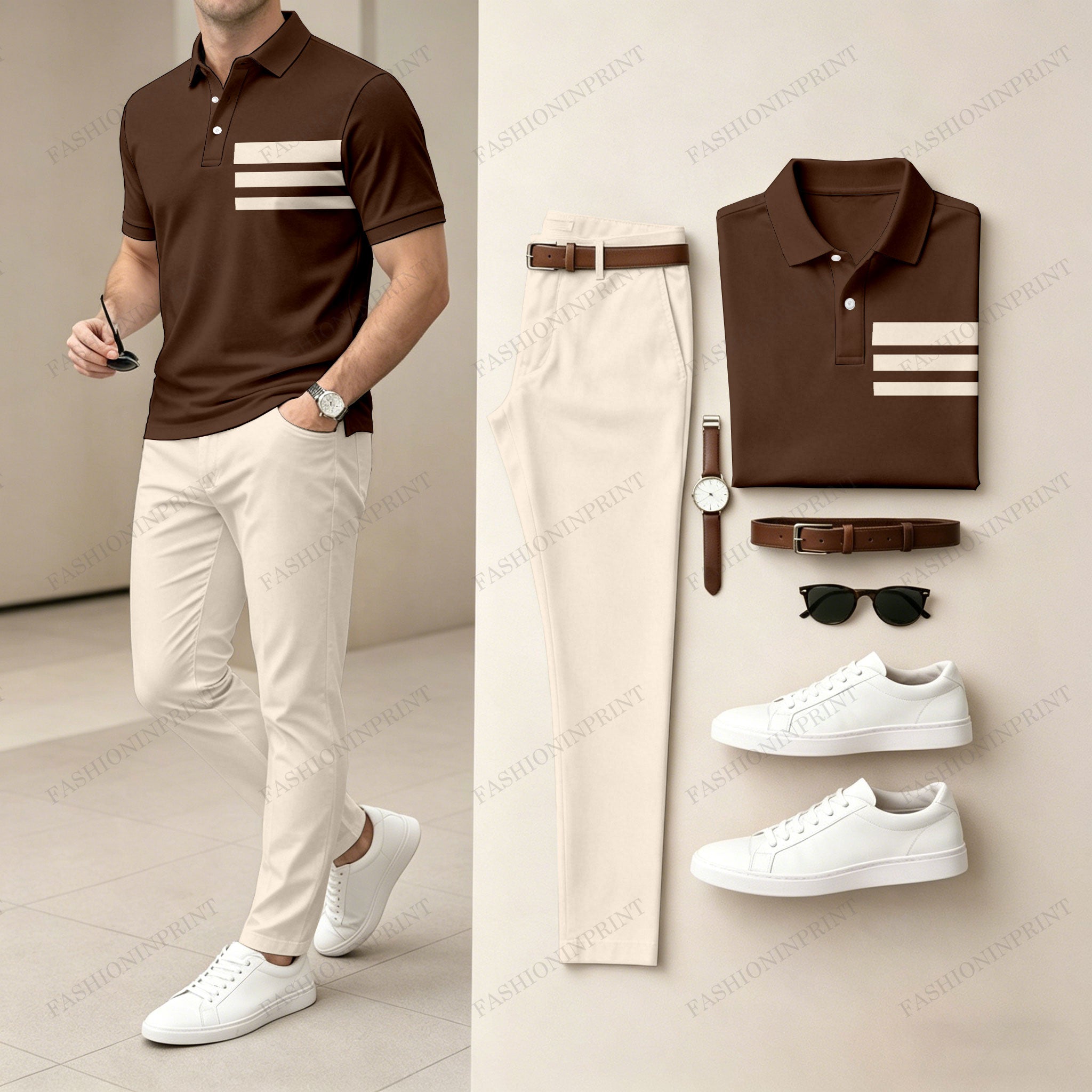 Men's Casual Dark Brown Geometric Printed Polo Shirt And Pants Two-Piece Set