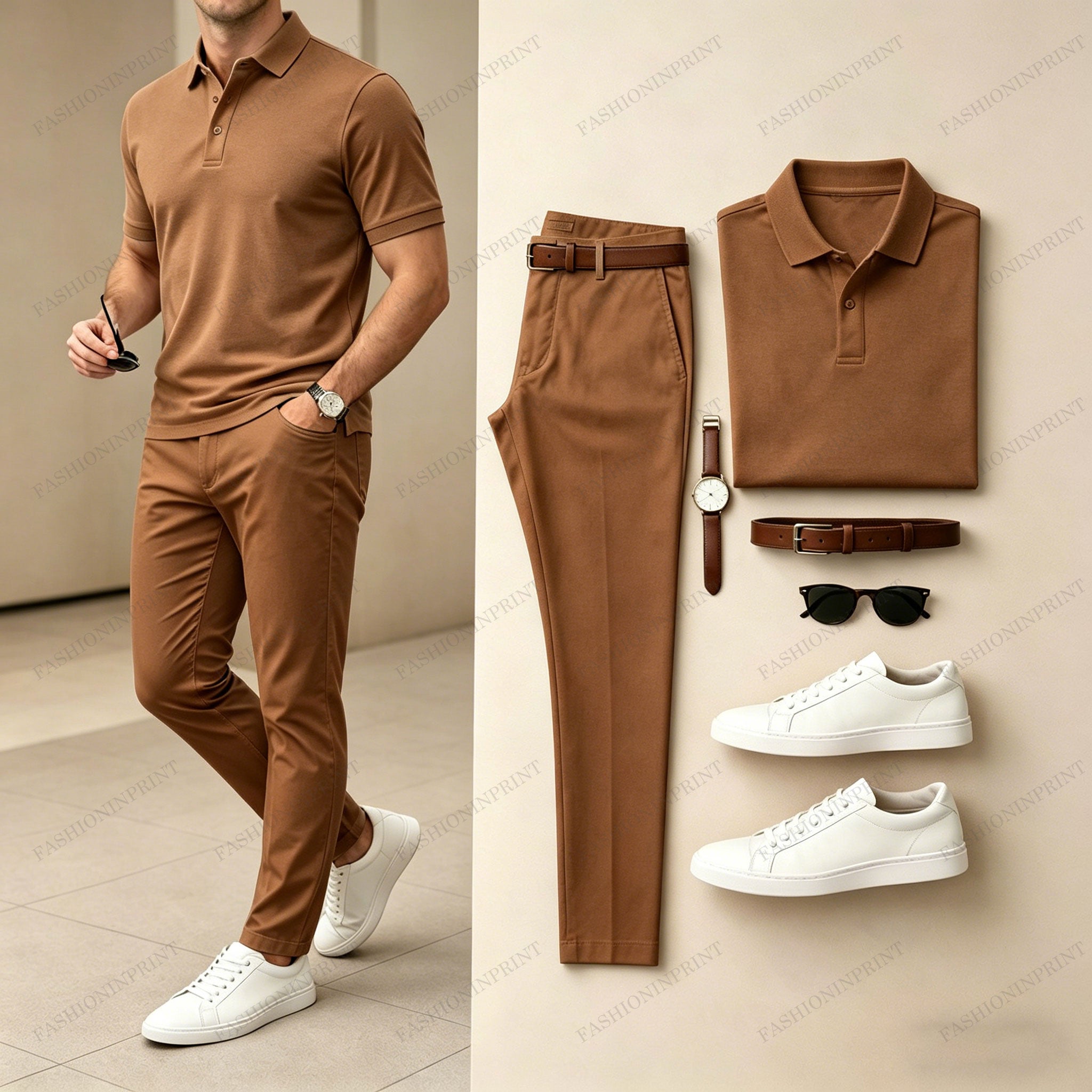 Men's Casual Brown Printed Polo Shirt And Pants Two-Piece Set