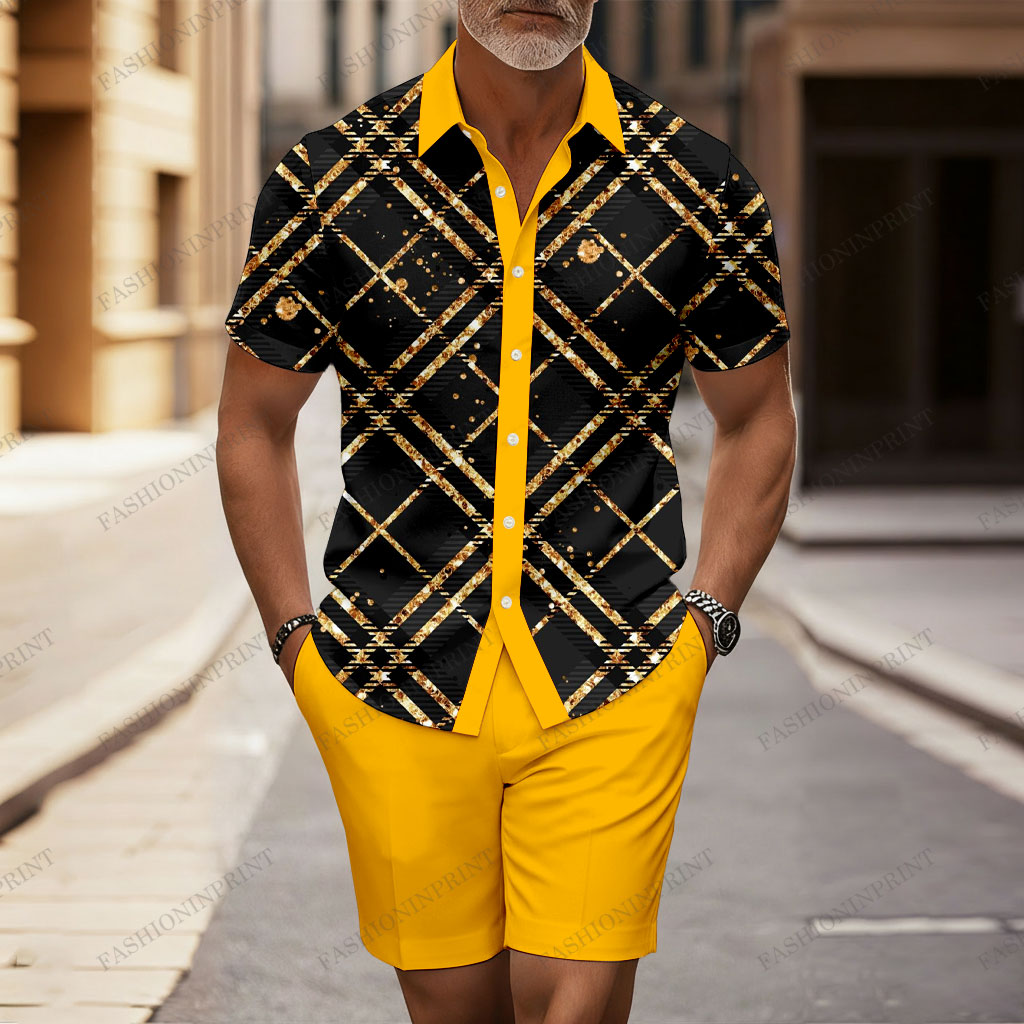 Men's Casual Yellow & Black Color Matching Checkered Print Short-Sleeve Shirt & Shorts Two-Piece Set
