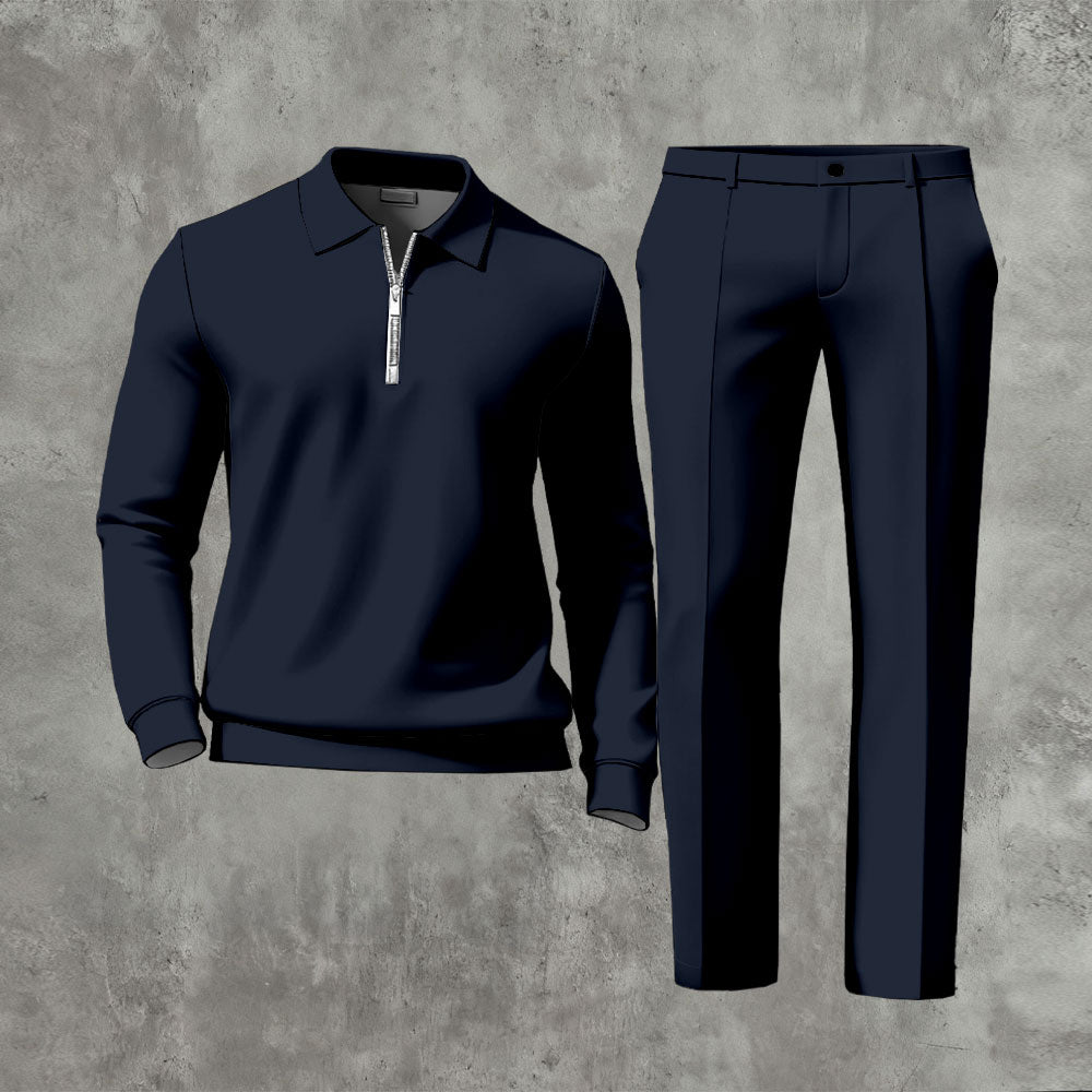 Men's Casual Solid Color Polo-Collar Zipper Long Sleeved Trousers Two-Piece Set 117