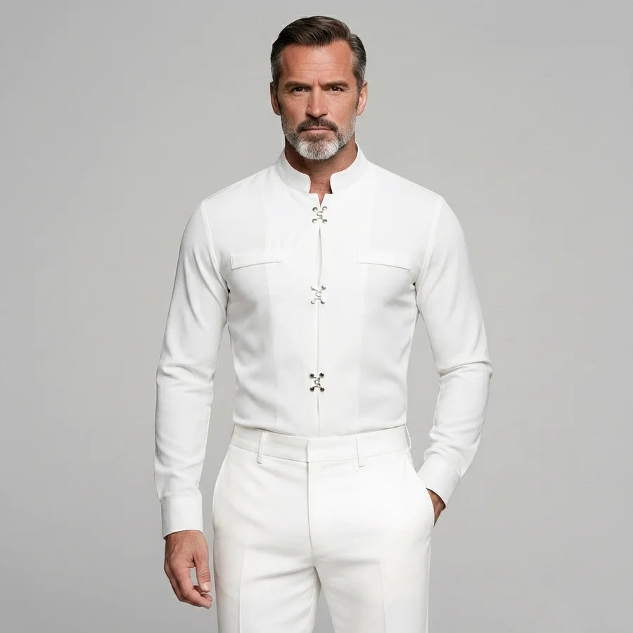 Men's Solid Stand Collar Metal Button Long Sleeve Shirts
