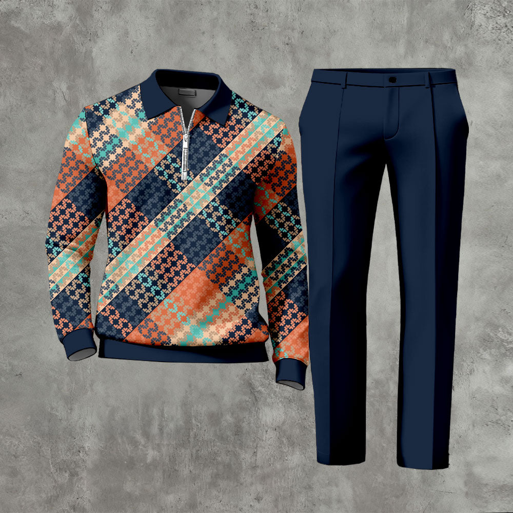Men's Casual Multicolored Checked Printed Polo-Collar Zipper Long Sleeved Trousers Two-Piece Set 1222