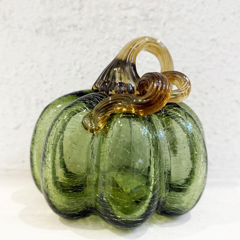 Handmade Glass Pumpkin, Green with Brown Stem, Desk Decoration, Gift for Thanksgiving, Mother's Day Gift, Gift Idea, Glass Ornaments