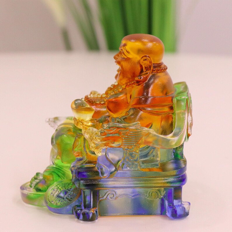 Handcrafted Glass Happy Buddha Statue: Colorful Dragon Chair Ornament, Personalized Gift, Gift for Mom
