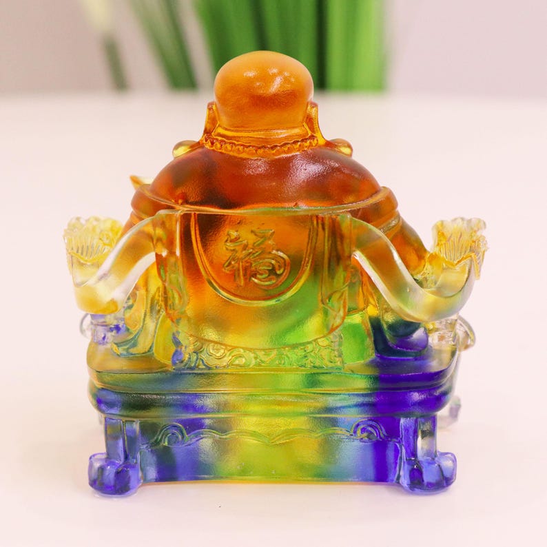 Handcrafted Glass Happy Buddha Statue: Colorful Dragon Chair Ornament, Personalized Gift, Gift for Mom