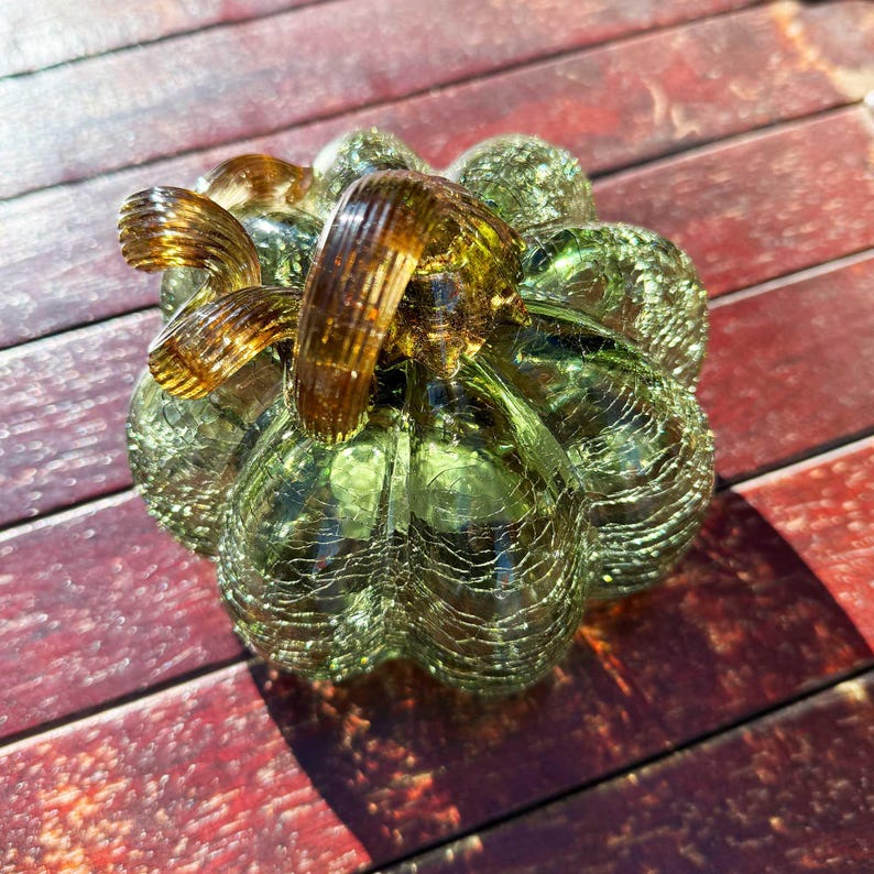 Handmade Glass Pumpkin, Green with Brown Stem, Desk Decoration, Gift for Thanksgiving, Mother's Day Gift, Gift Idea, Glass Ornaments