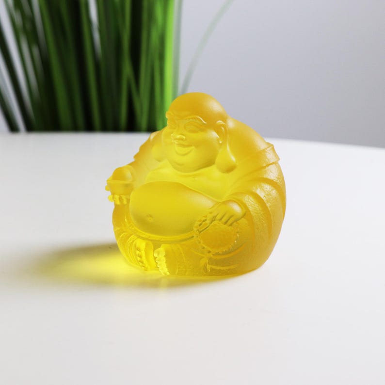 Yellow Glass Laughing Buddha Statue: Handmade Zen Decor