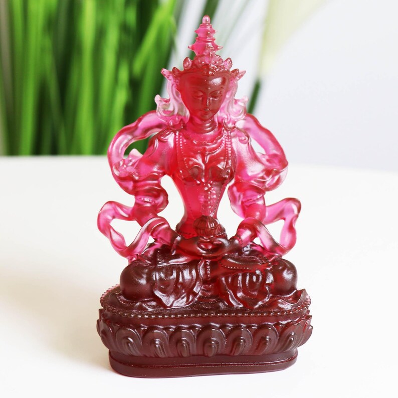 Red Glazed Glass Amitayus Buddha Statue: Tibetan Buddhist Decor
