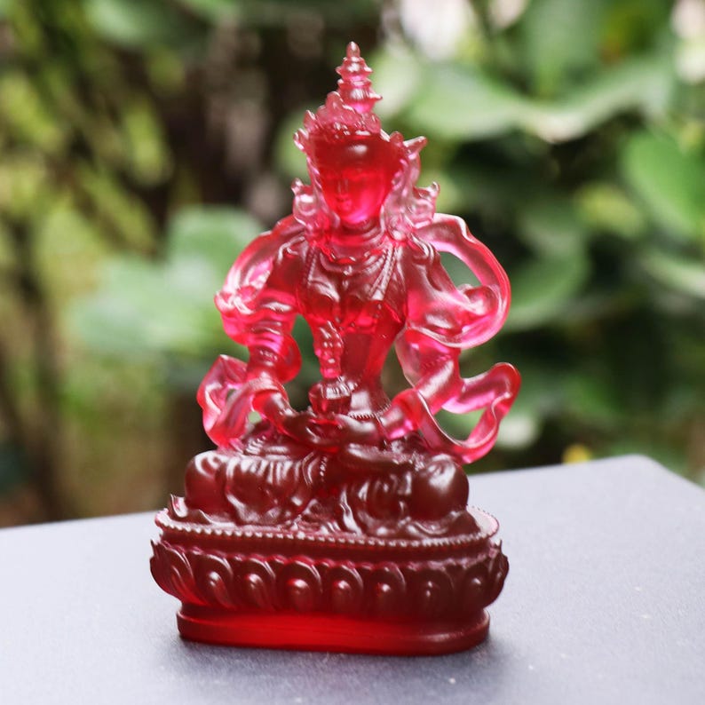 Red Glazed Glass Amitayus Buddha Statue: Tibetan Buddhist Decor