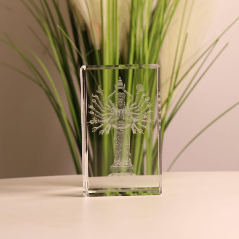 Glass Guanyin Statue: 3D Laser Carved Buddhist Ornament