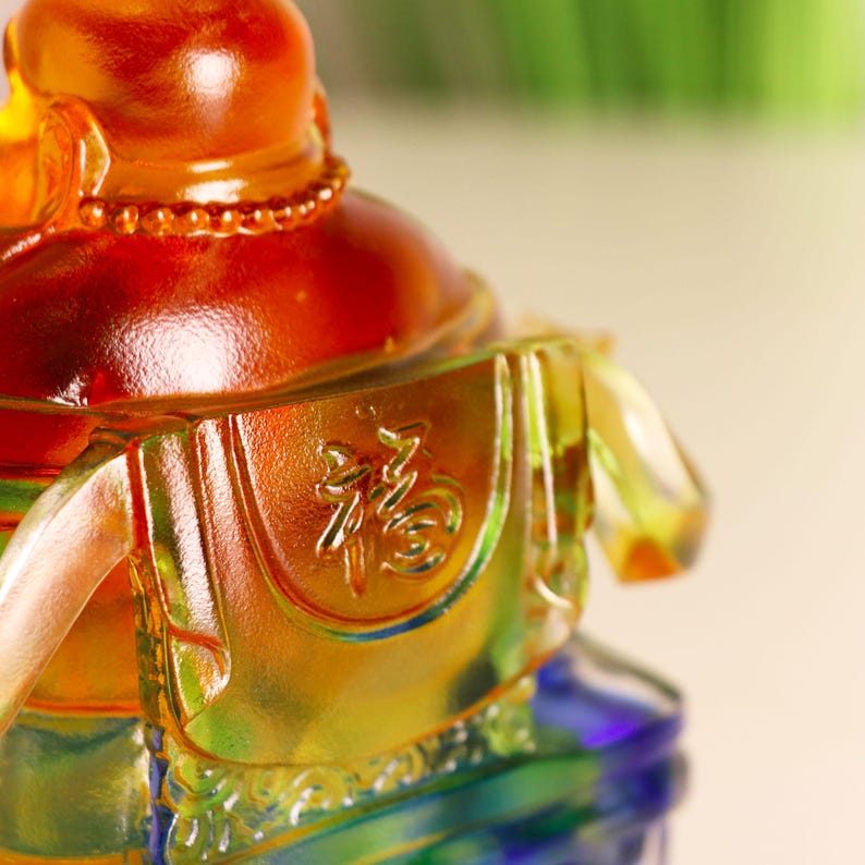 Handcrafted Glass Happy Buddha Statue: Colorful Dragon Chair Ornament, Personalized Gift, Gift for Mom