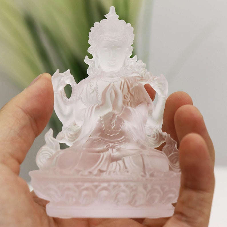 Glass Four-armed Guanyin Buddha Statue, Home Buddhist Temple, Guardian God Tantric Guanyin Bodhisattva