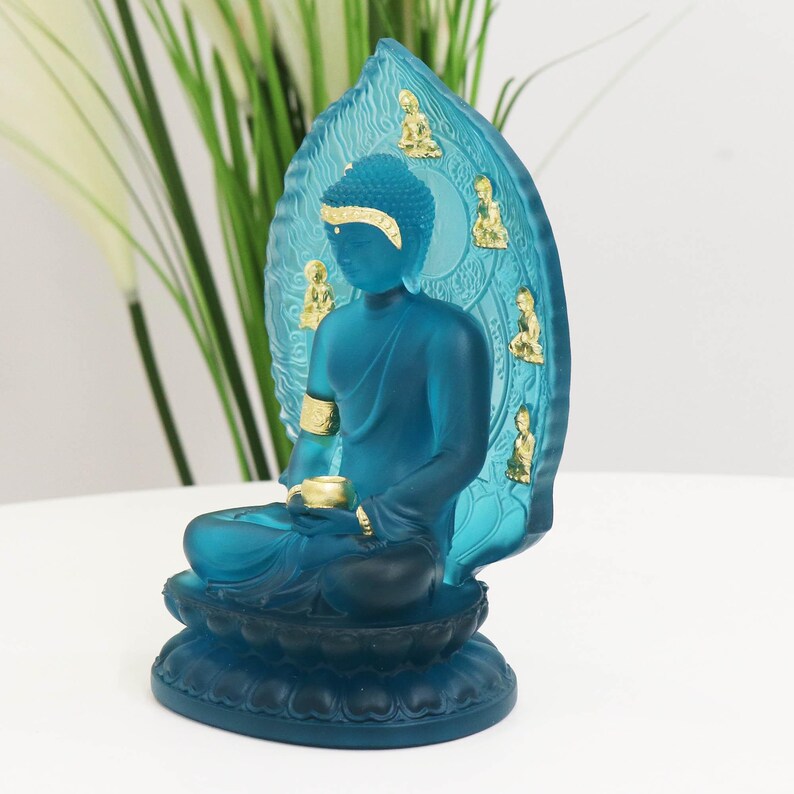 Lake Blue Glass Medicine Buddha Statue: Buddhist Temple Decor